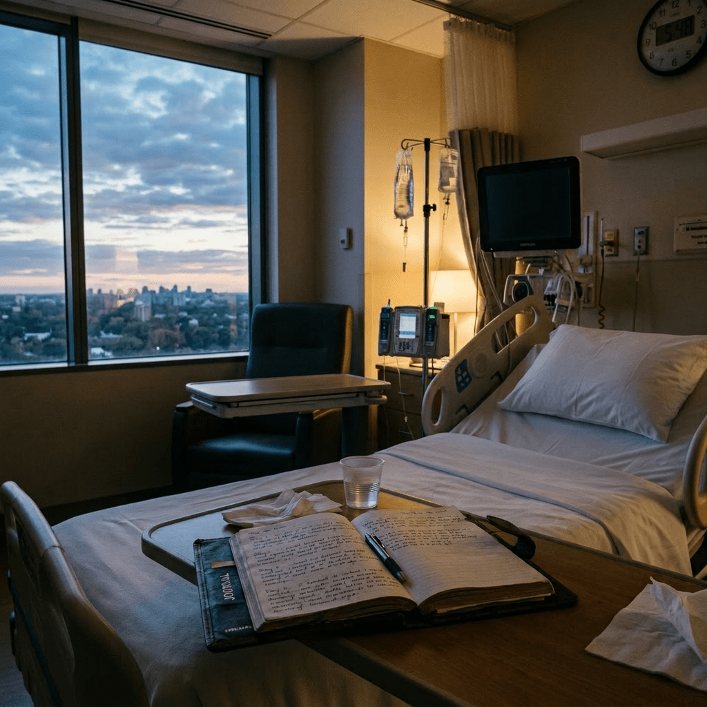 Patient sleeping in hospital bed with medical monitoring and journal on table